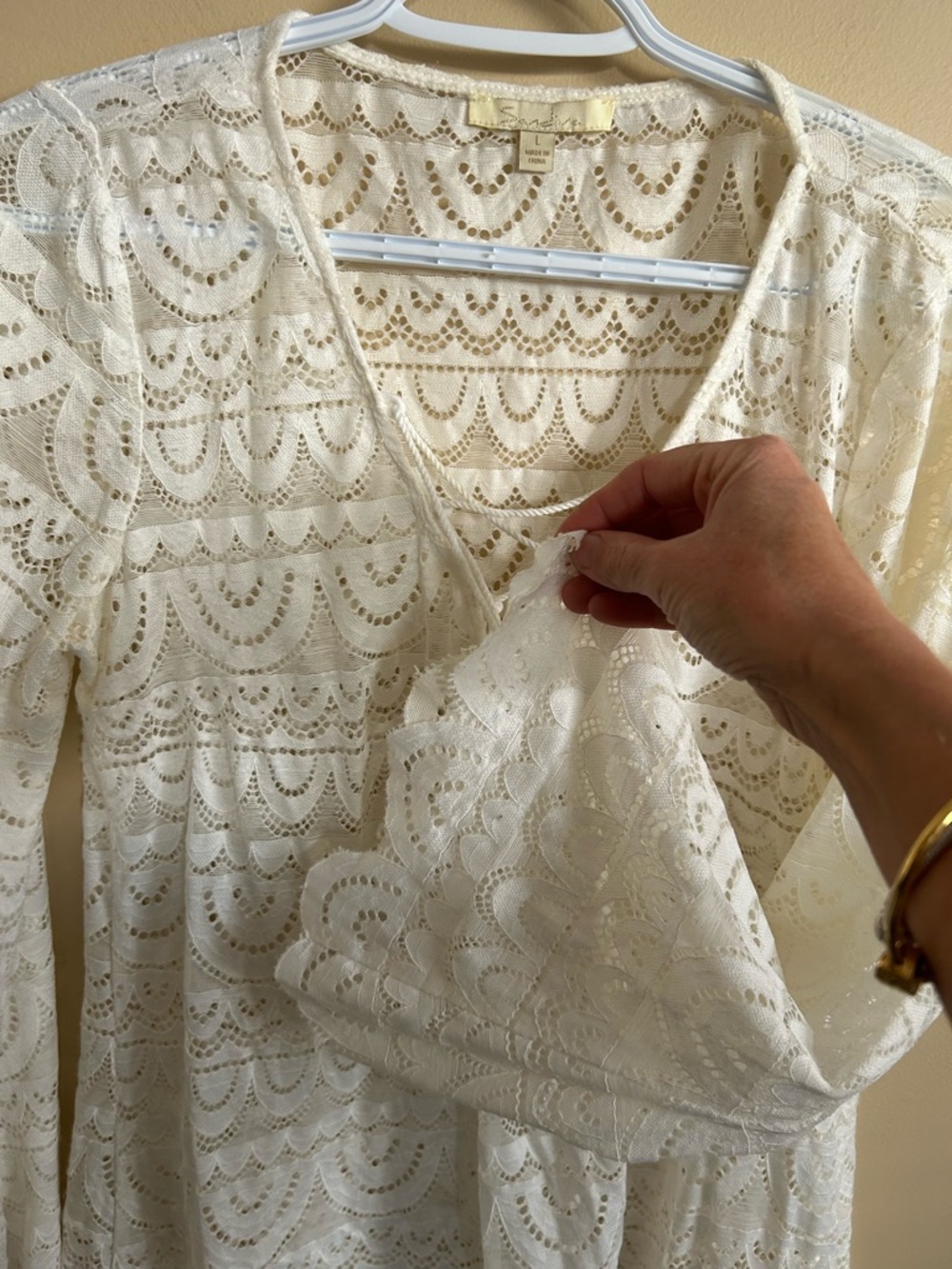 Cream Lace stretch Tunic Swim Cover-Up with Tassel Tie and scalloped edges - Picture 5 of 7